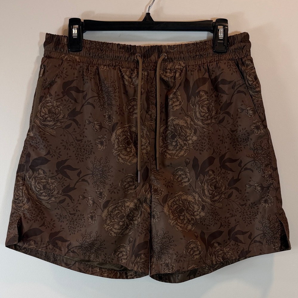 Men's Brown Floral Flat Front Shorts with Drawstring